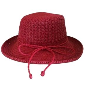 🔥SCALA COLLECTION‎ Red Woven Crochet Rafia/Straw Wide-Brim Sun Hat Sun Cover OS